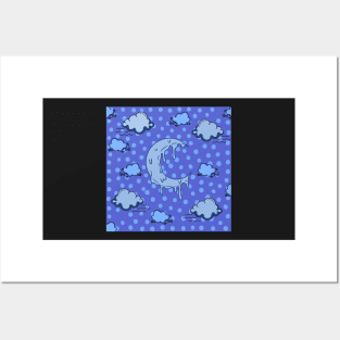 melting crescent moon cloud night blue polka dots Posters and Art